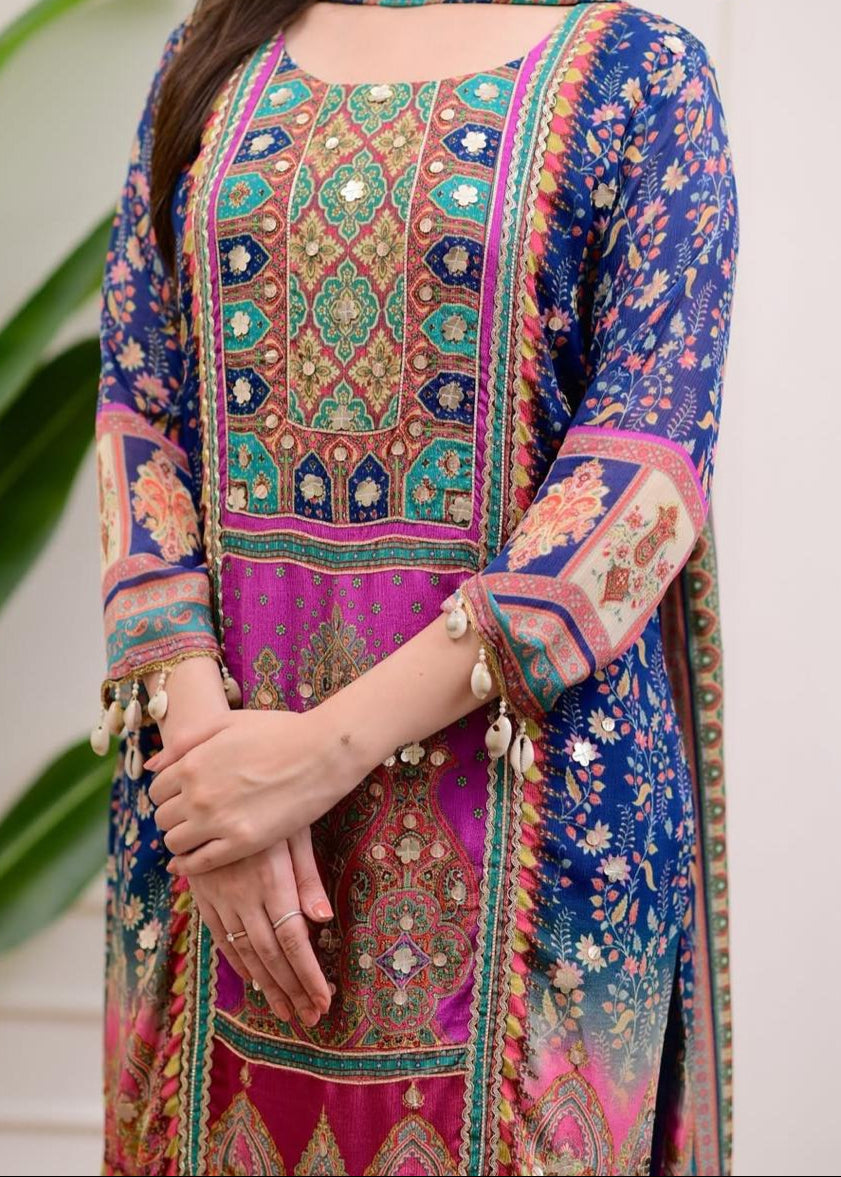 Epiphany Blue Chinon With Gota And Cowry Suit Set