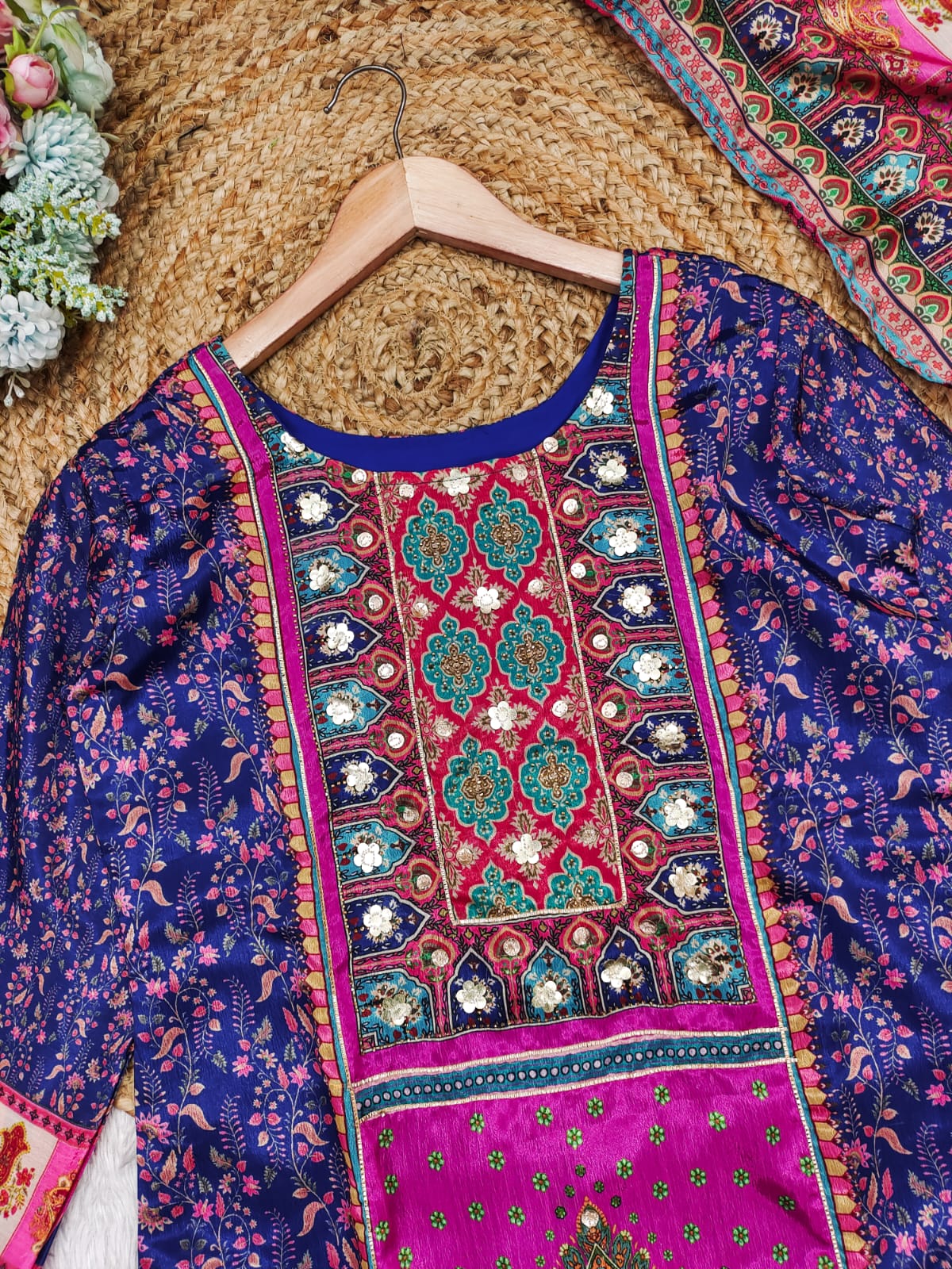 Epiphany Blue Chinon With Gota And Cowry Suit Set