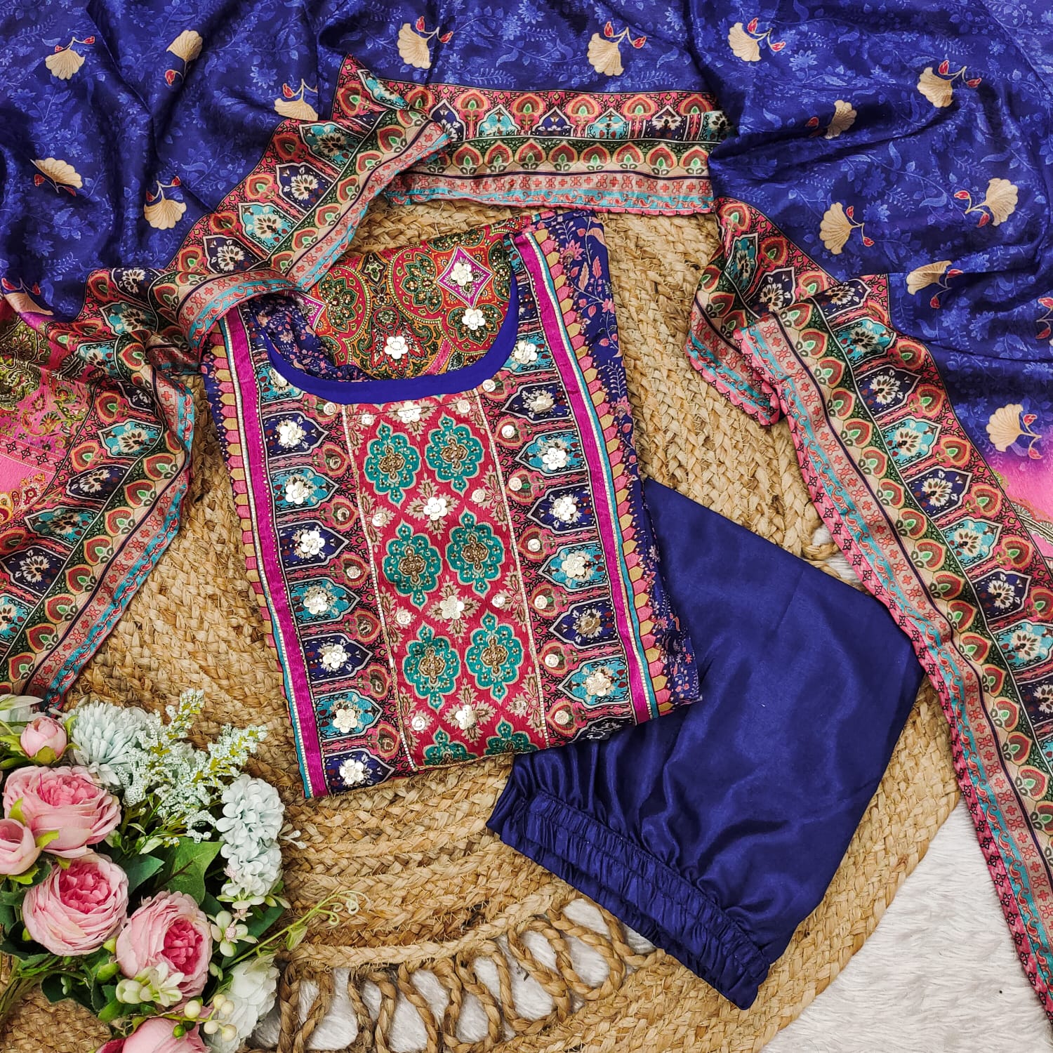 Epiphany Blue Chinon With Gota And Cowry Suit Set