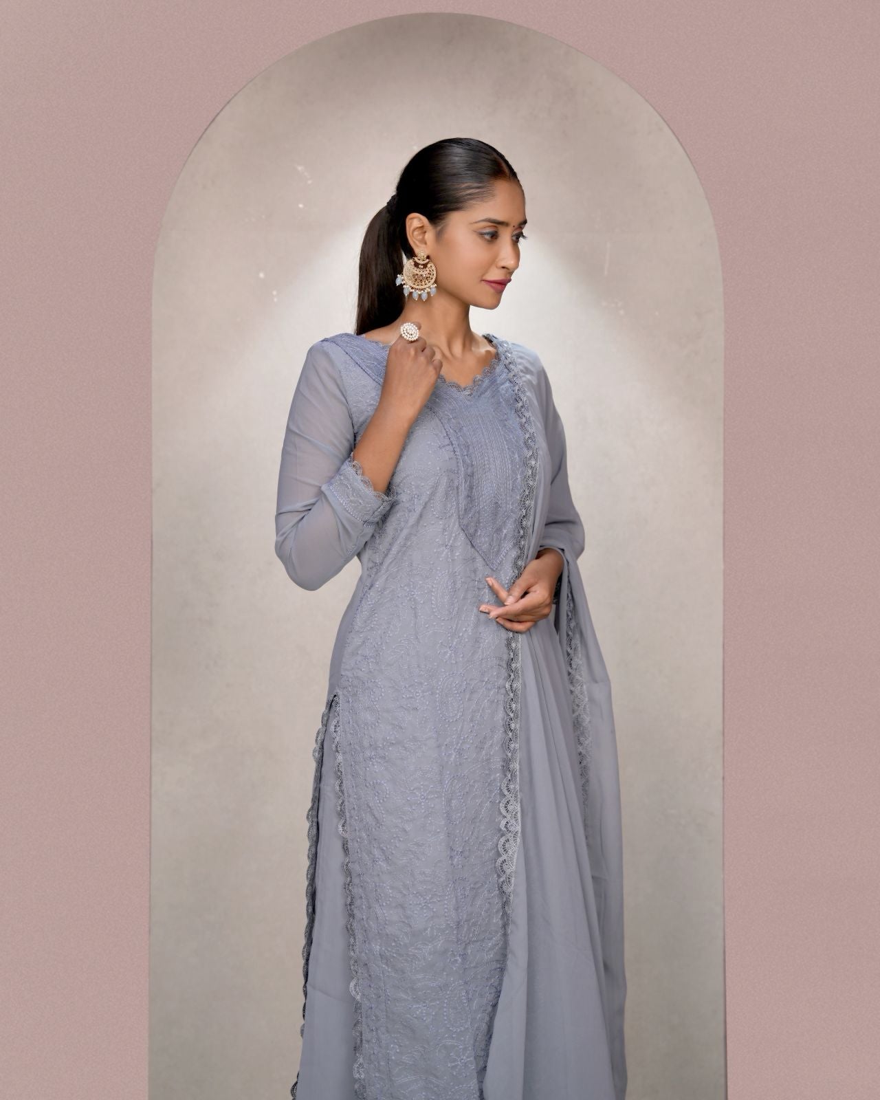 Attractive Grey Georgette With Chikankari Embroidery work Suit Set