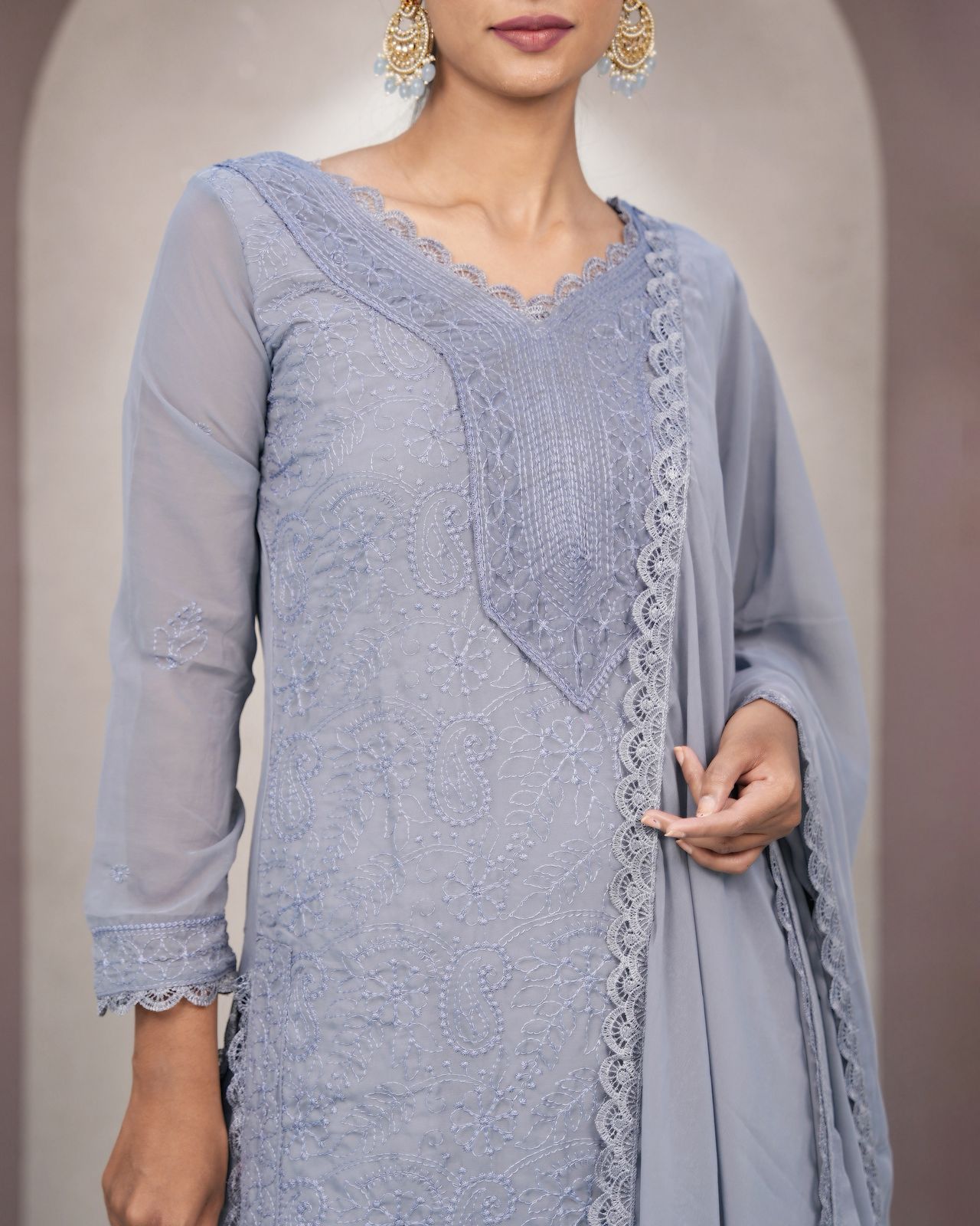 Attractive Grey Georgette With Chikankari Embroidery work Suit Set