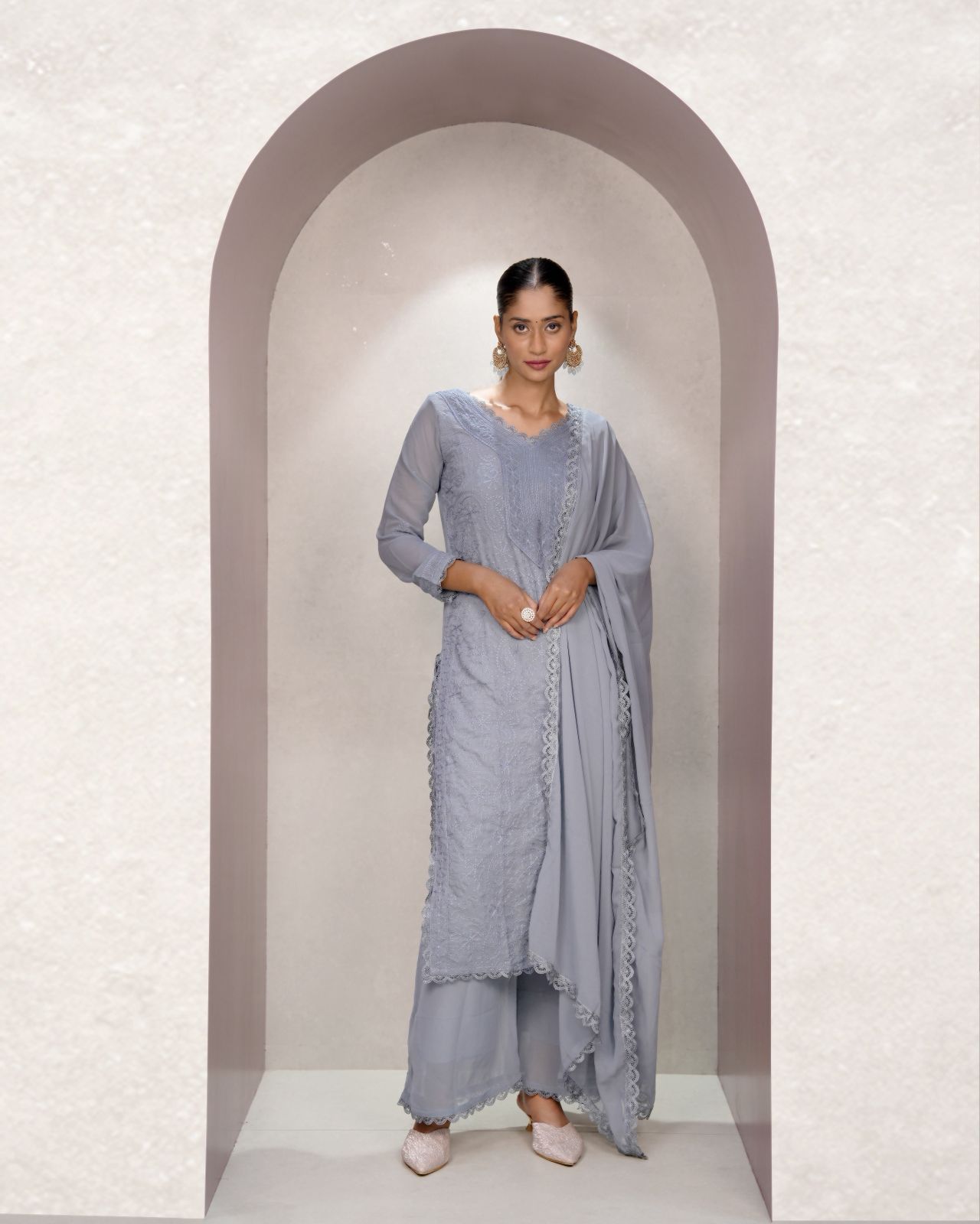 Attractive Grey Georgette With Chikankari Embroidery work Suit Set