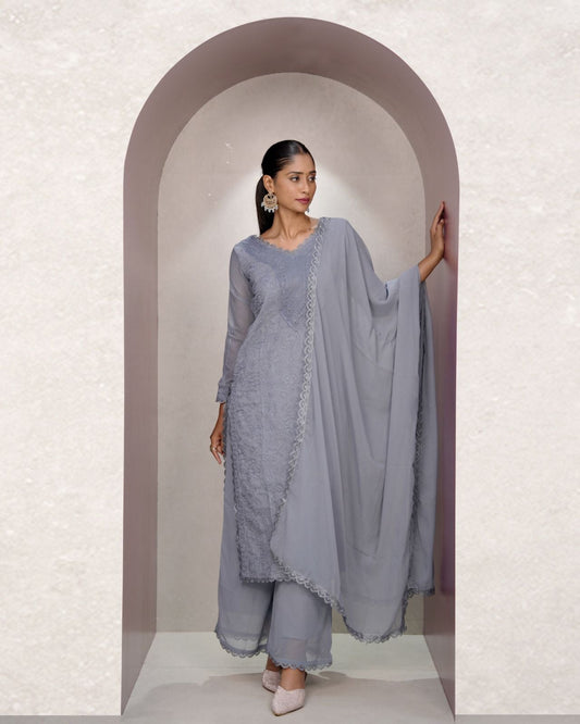 Attractive Grey Georgette With Chikankari Embroidery work Suit Set