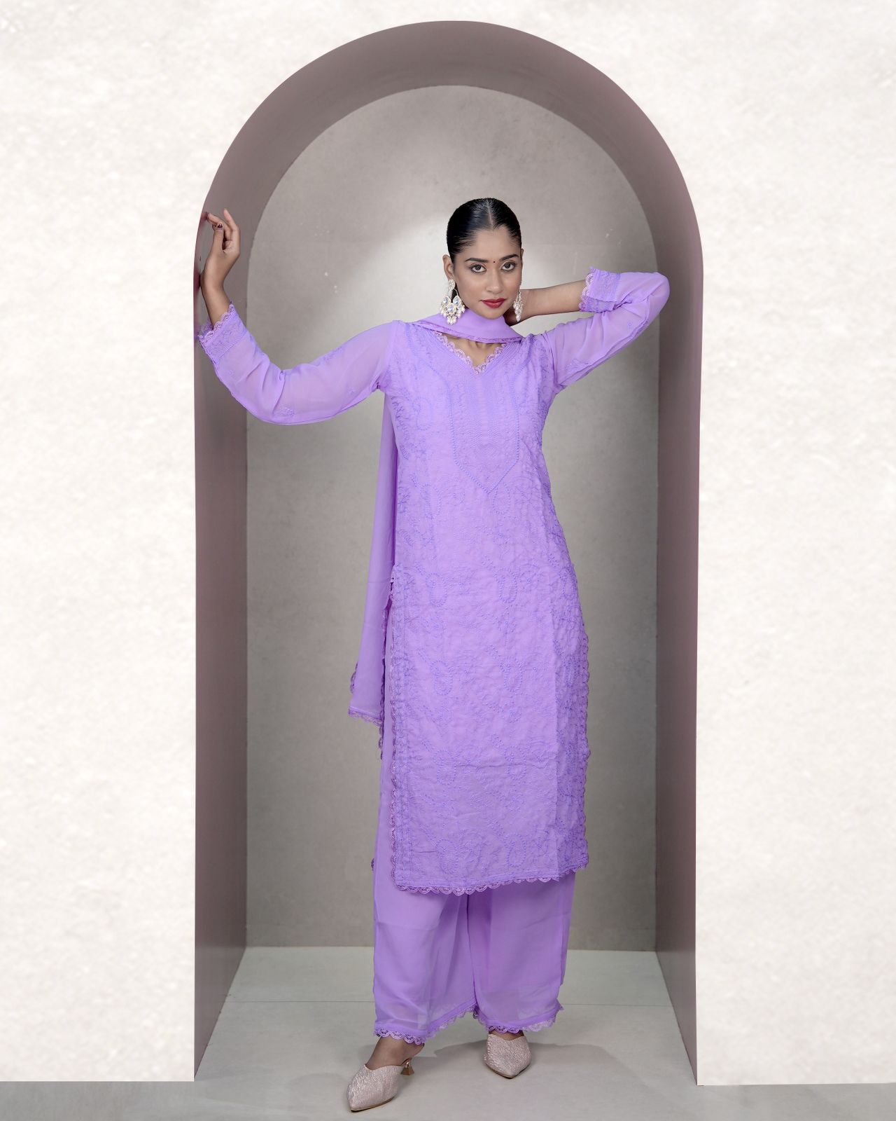 Charming Lavender Georgette With Chikankari Embroidery work Suit Set