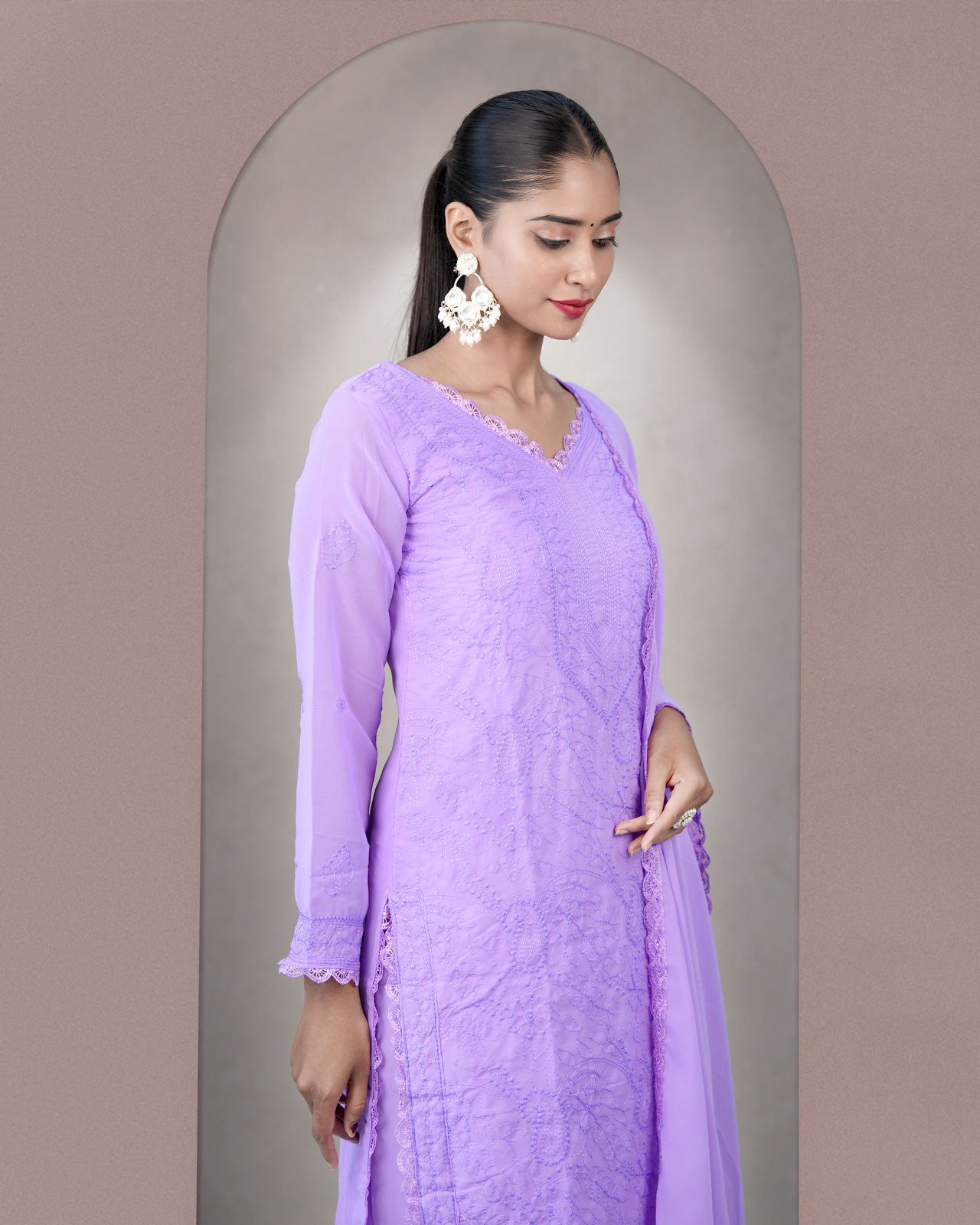 Charming Lavender Georgette With Chikankari Embroidery work Suit Set