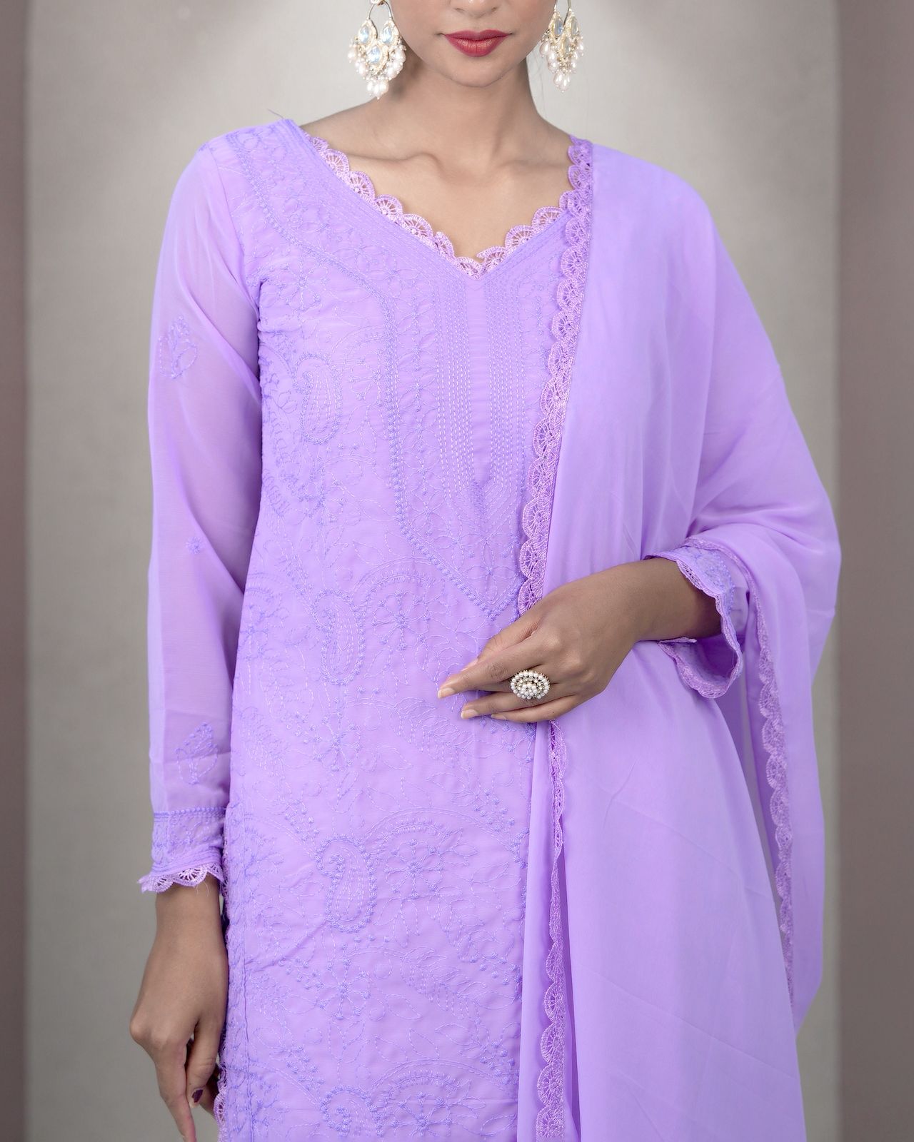 Charming Lavender Georgette With Chikankari Embroidery work Suit Set