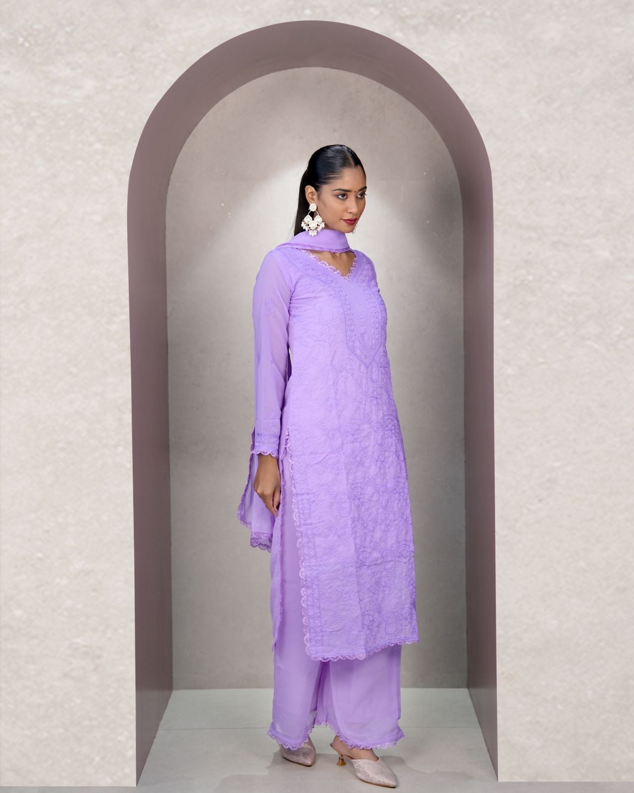 Charming Lavender Georgette With Chikankari Embroidery work Suit Set