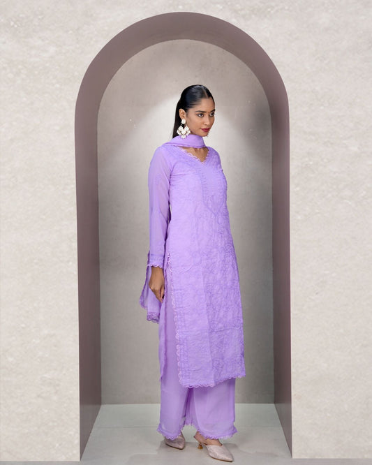 Charming Lavender Georgette With Chikankari Embroidery work Suit Set