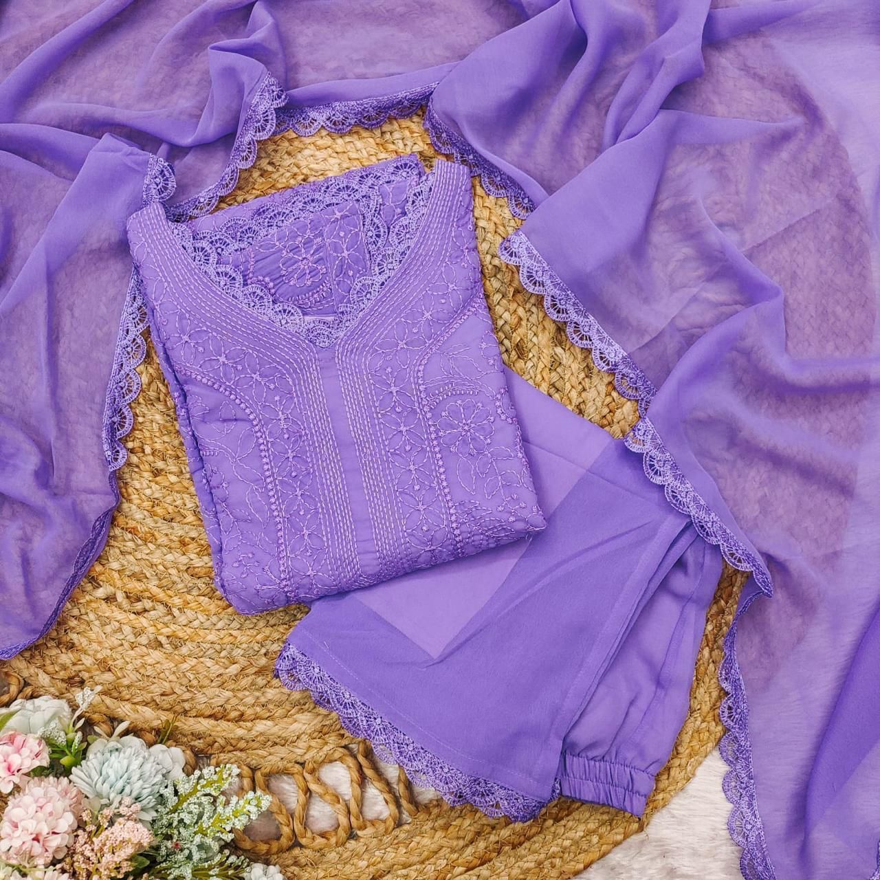Charming Lavender Georgette With Chikankari Embroidery work Suit Set