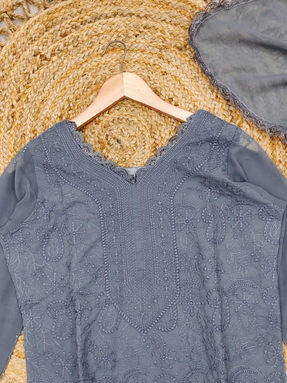 Attractive Grey Georgette With Chikankari Embroidery work Suit Set