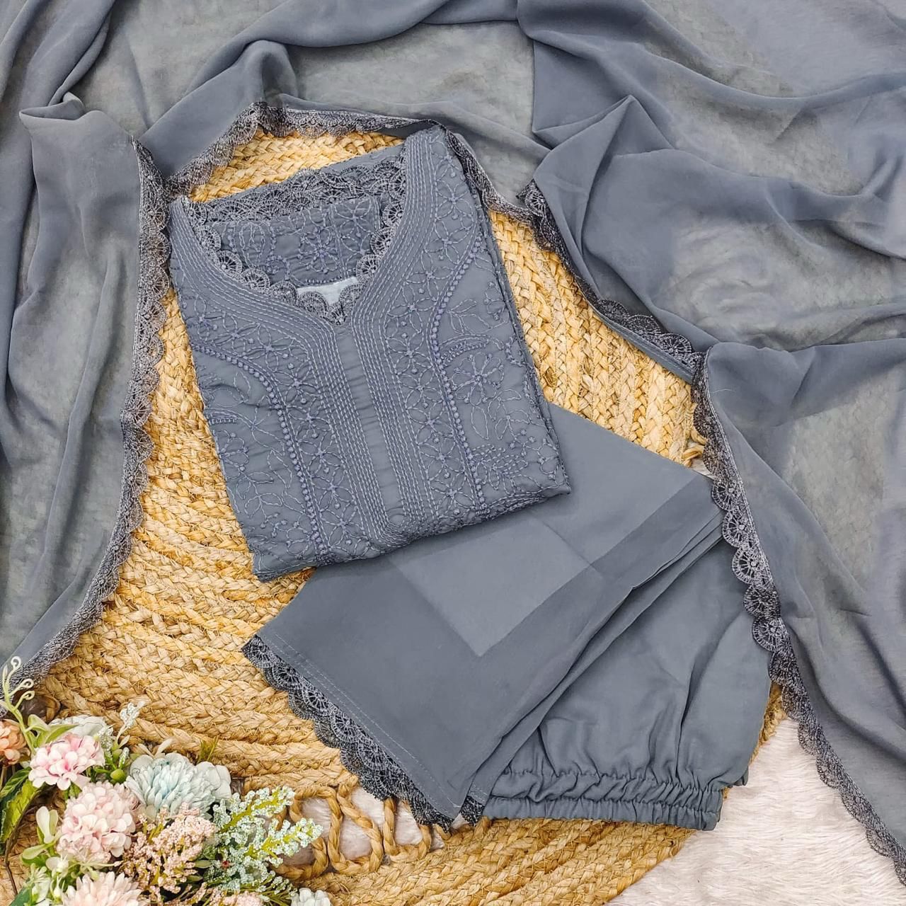 Attractive Grey Georgette With Chikankari Embroidery work Suit Set
