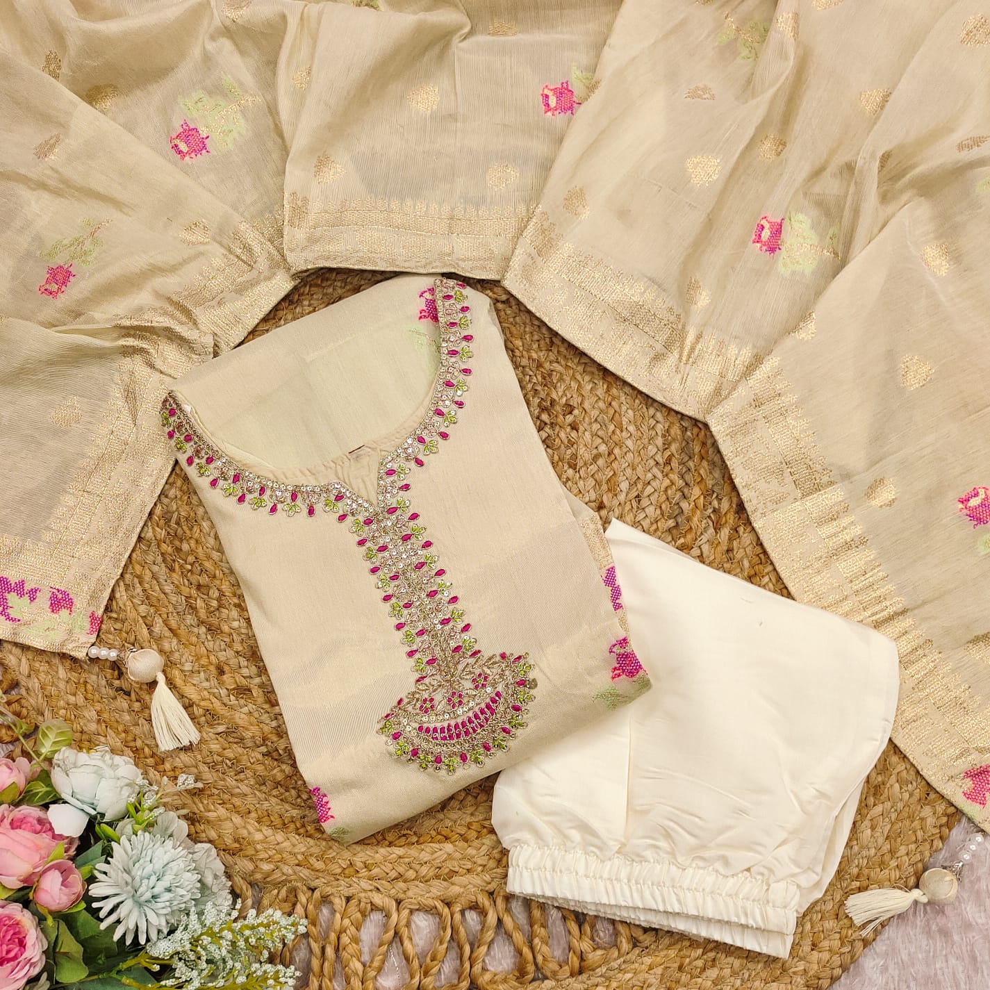 Blooming Pestal Grey Roman Silk Floral Embroidery Work Suit Set