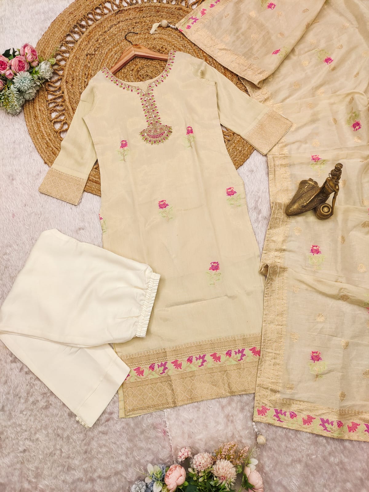 Blooming Pestal Grey Roman Silk Floral Embroidery Work Suit Set