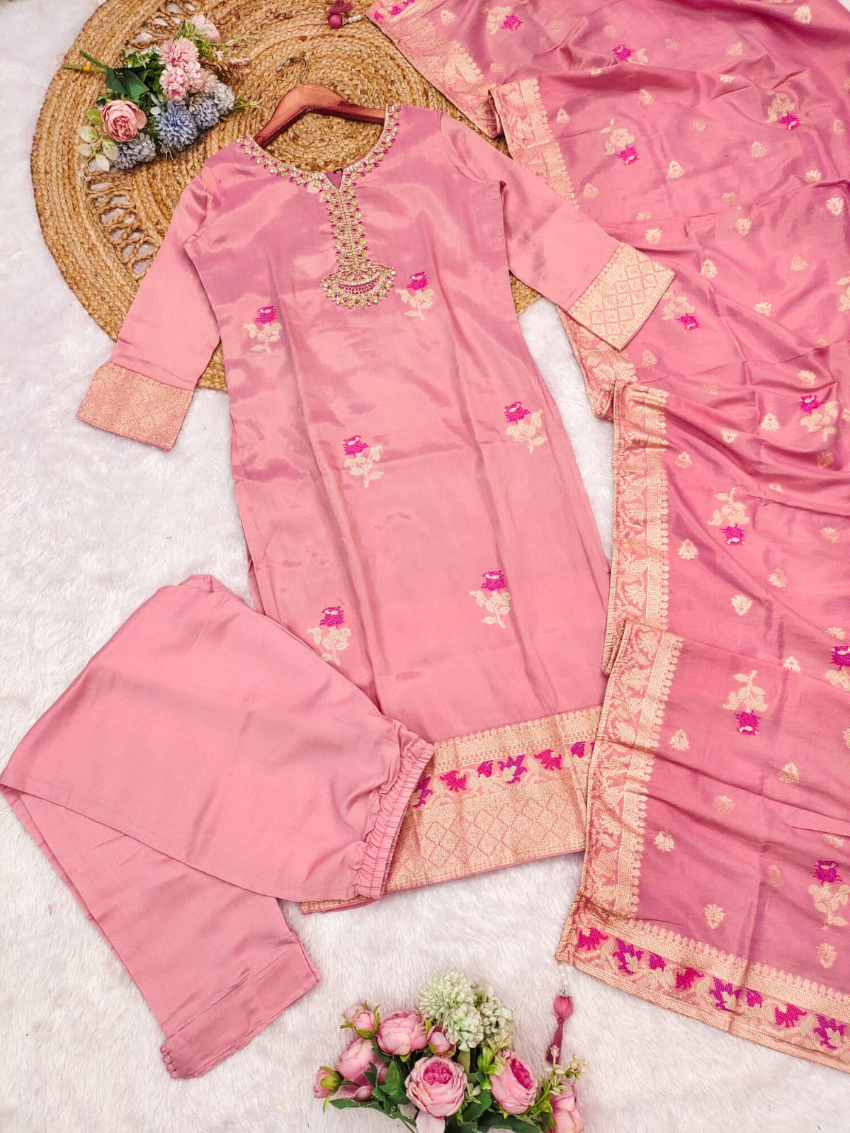 Attractive Blush Pink Roman Silk Floral Embroidery Work Suit Set