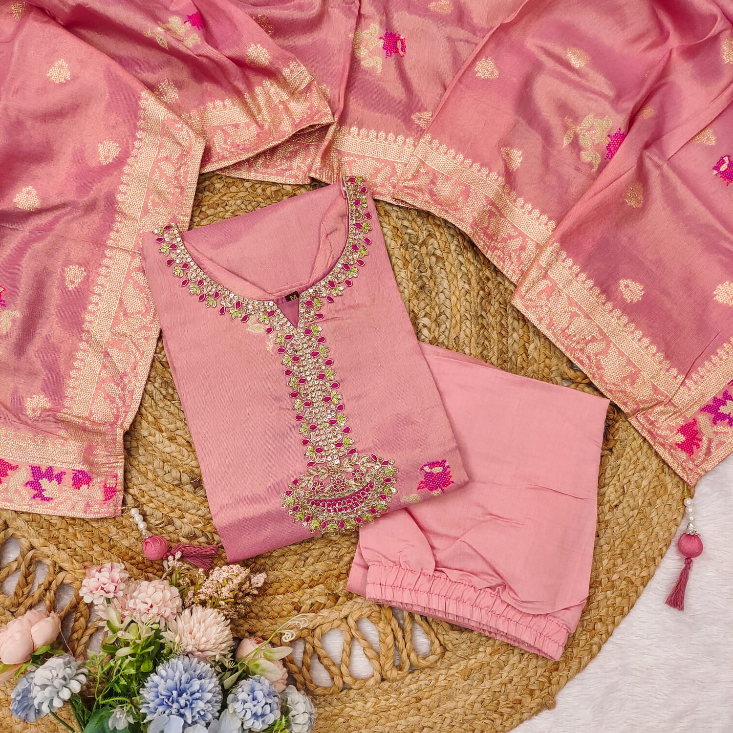 Attractive Blush Pink Roman Silk Floral Embroidery Work Suit Set