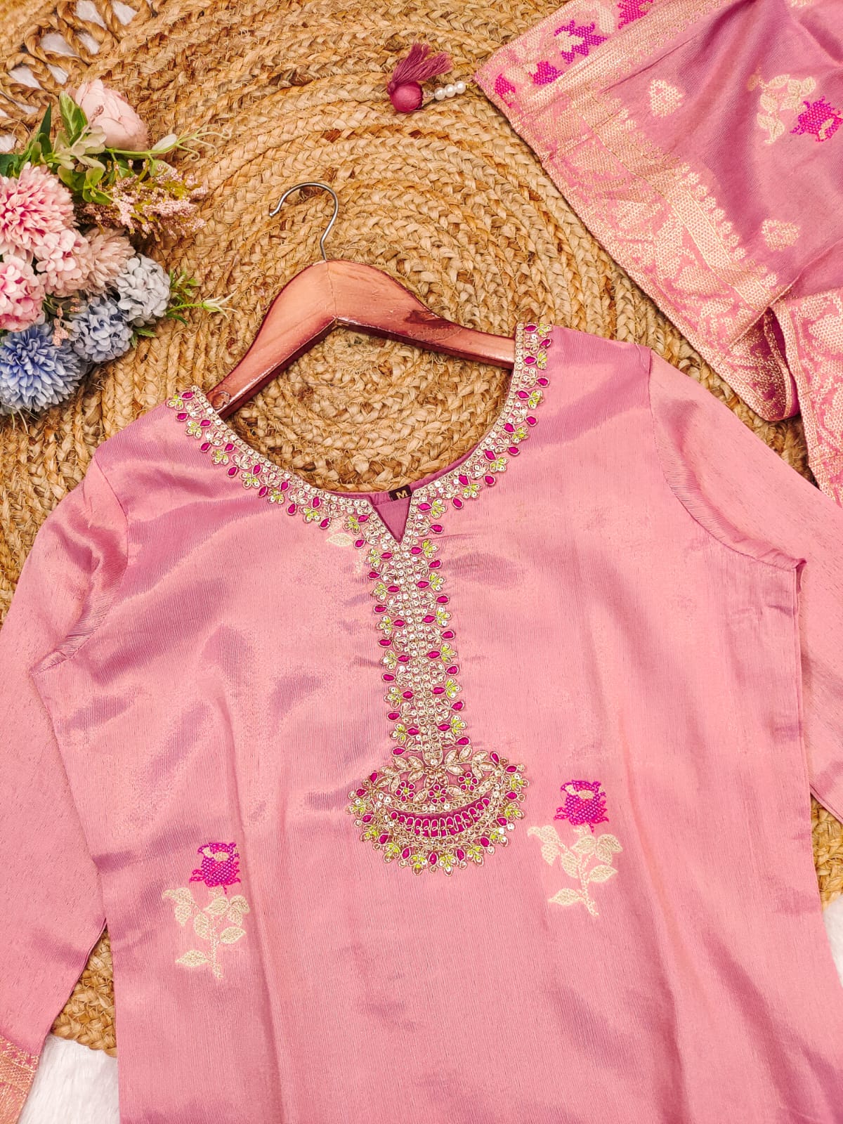 Attractive Blush Pink Roman Silk Floral Embroidery Work Suit Set