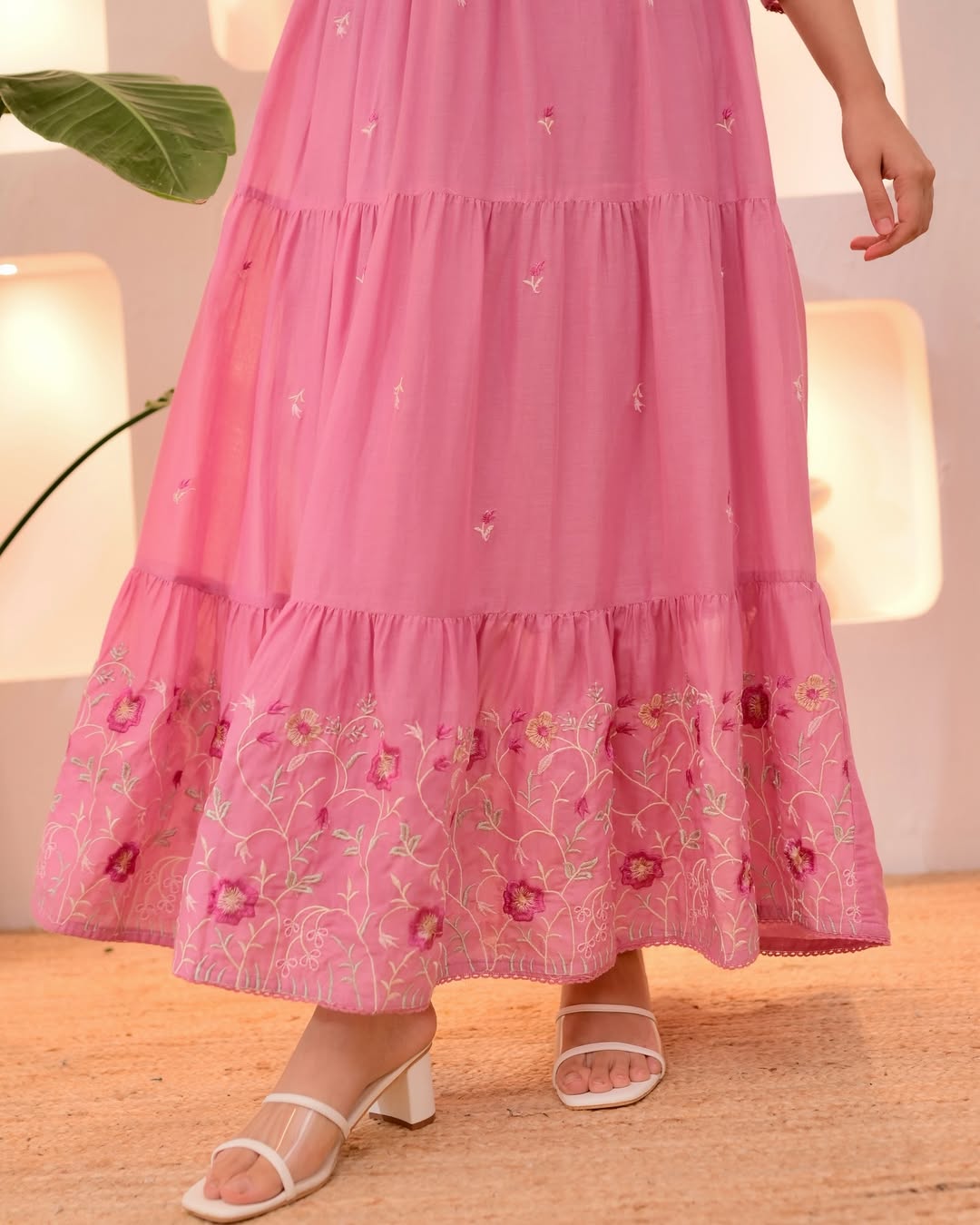 Onion Pink Chanderi Embroidered Threadwork Suit Set