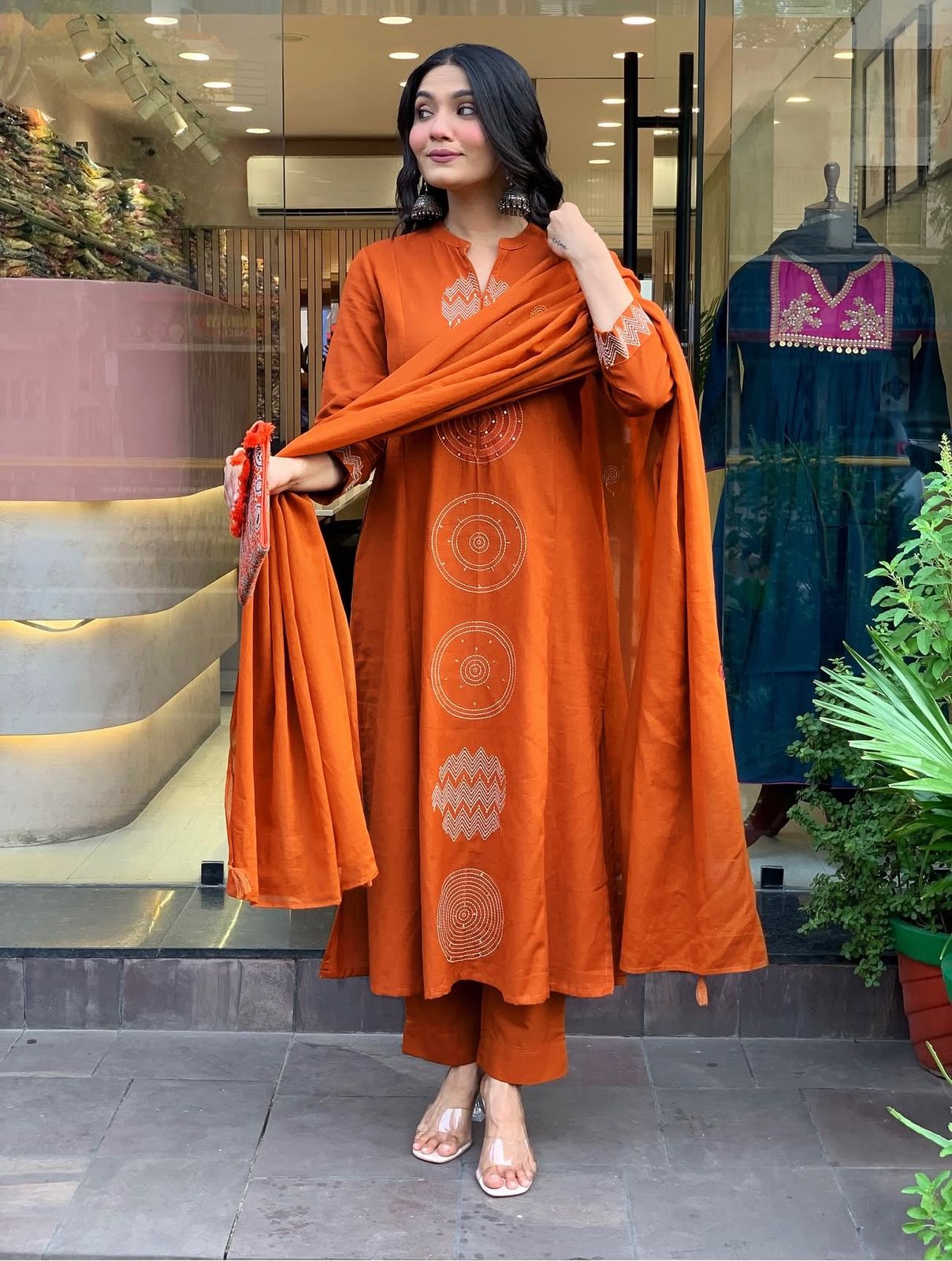 Panoply Orange Rayon Silk Embroidered Work Suit Set