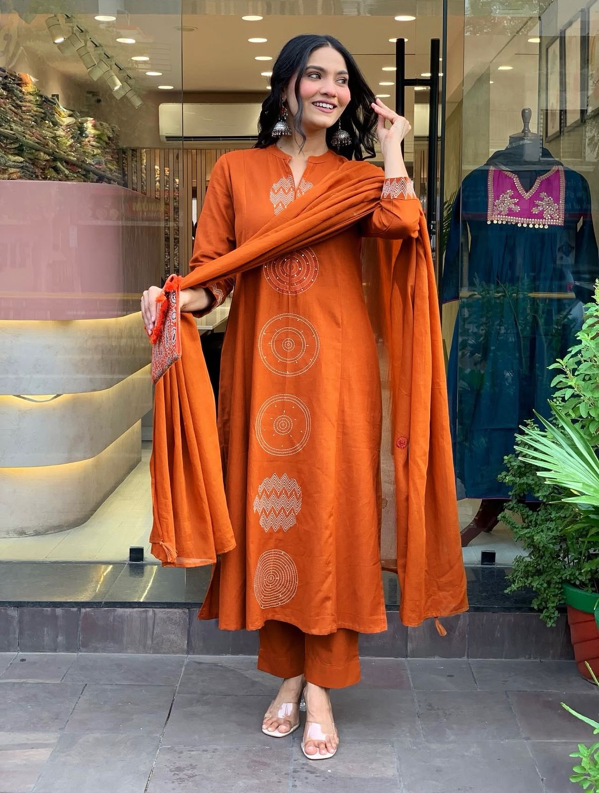 Panoply Orange Rayon Silk Embroidered Work Suit Set