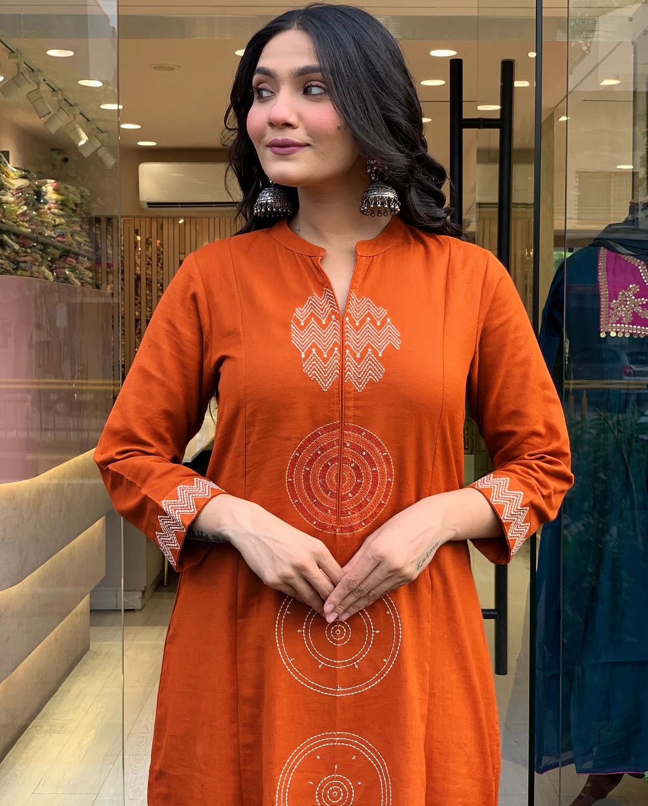 Panoply Orange Rayon Silk Embroidered Work Suit Set