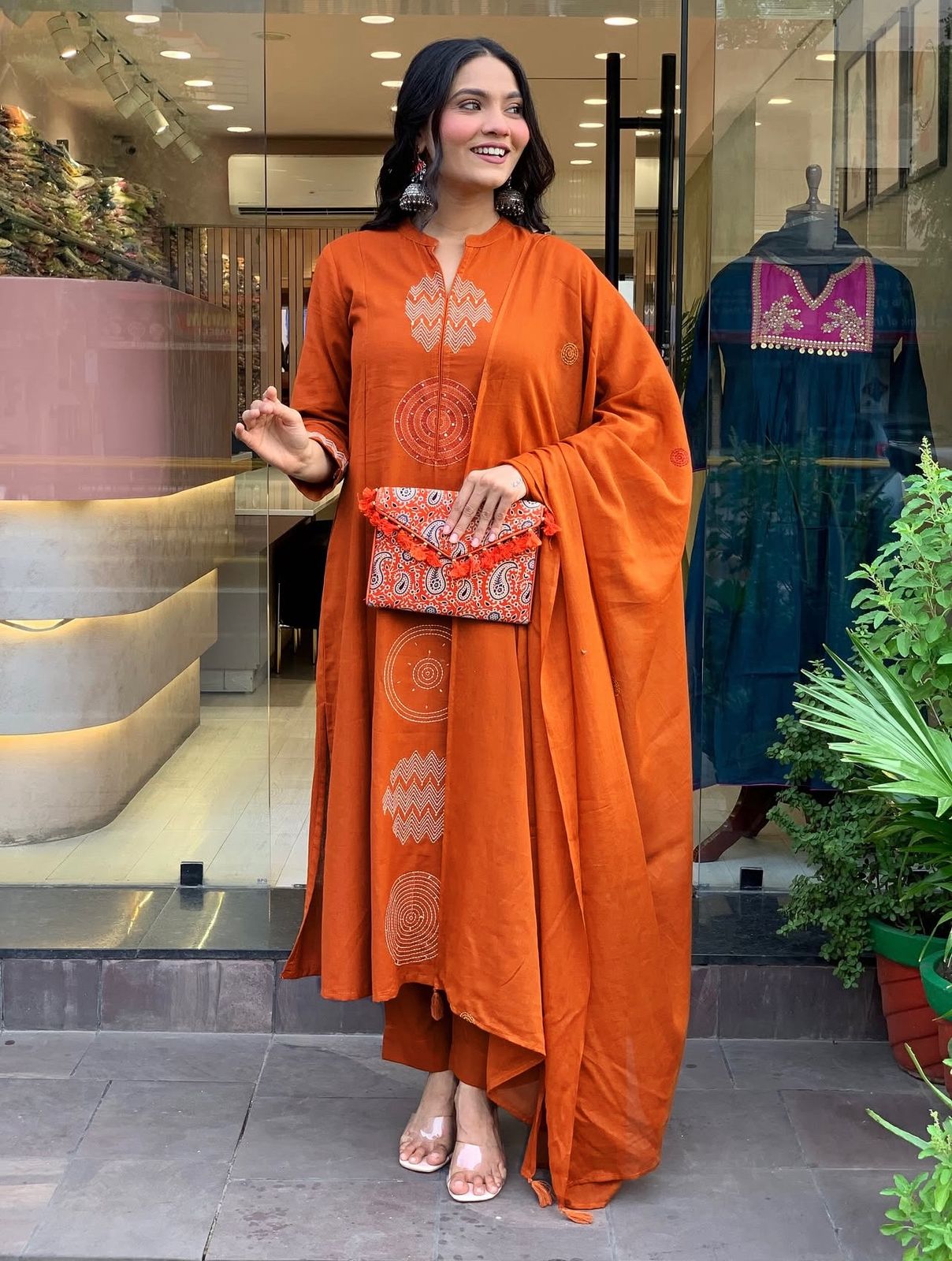 Panoply Orange Rayon Silk Embroidered Work Suit Set