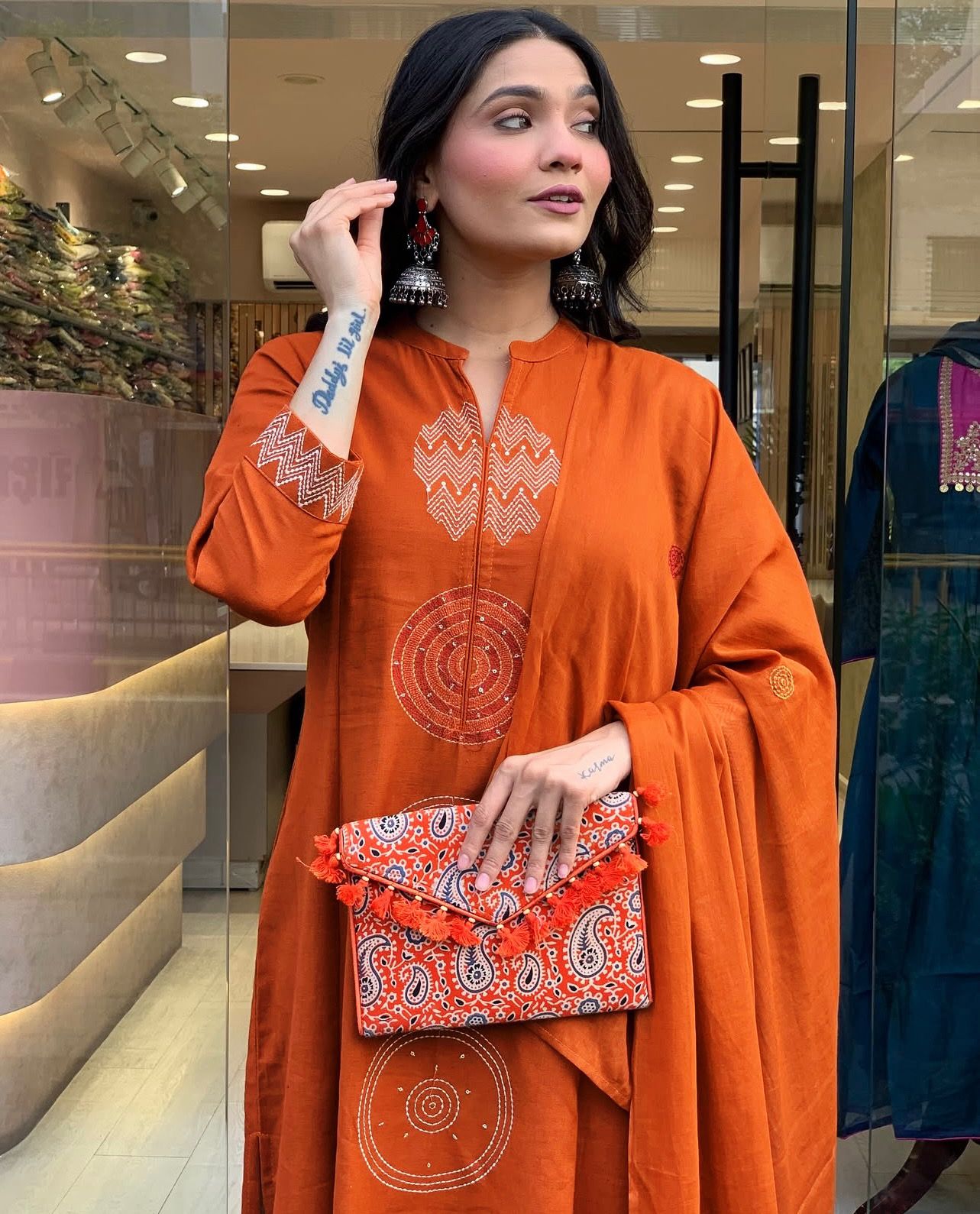 Panoply Orange Rayon Silk Embroidered Work Suit Set