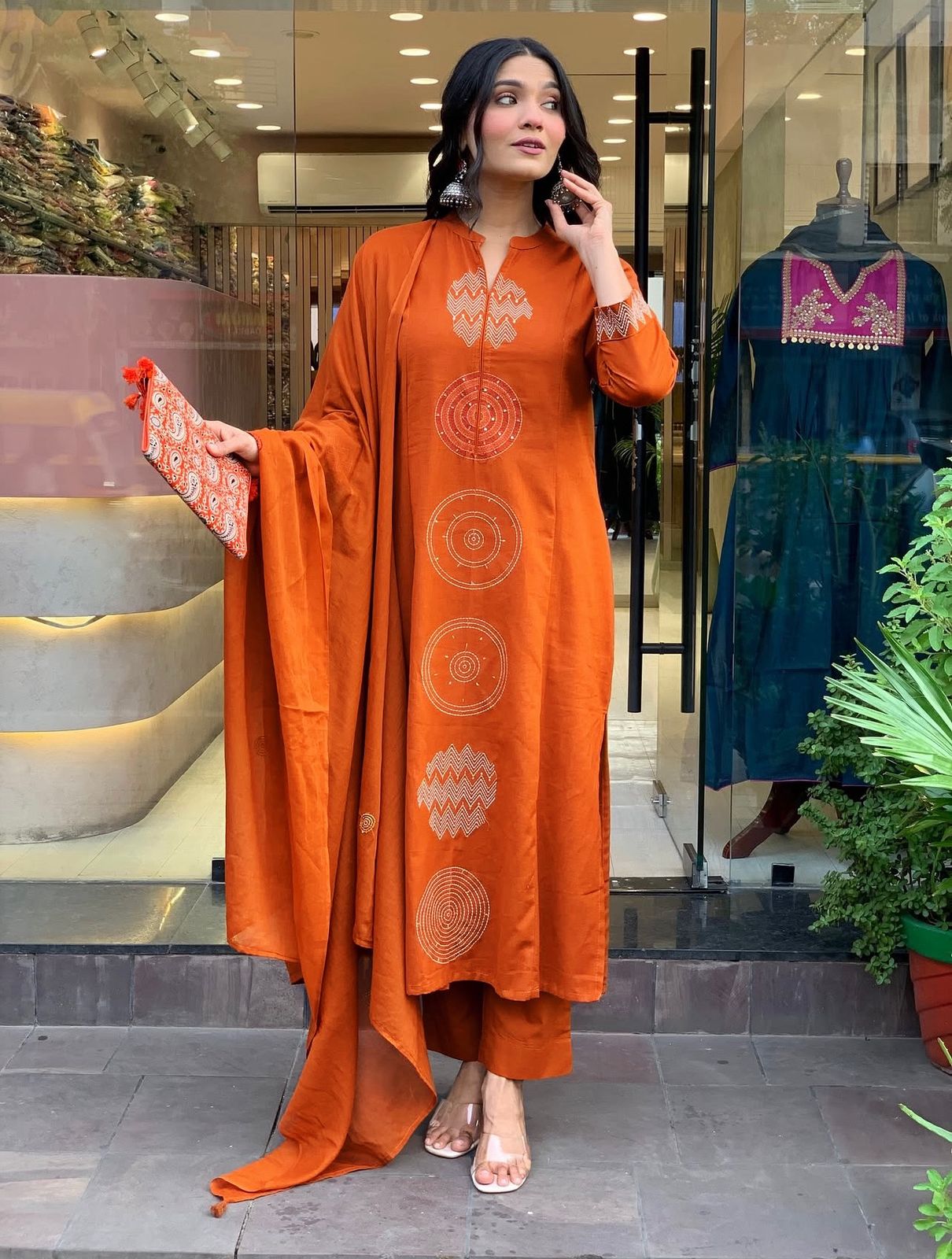 Panoply Orange Rayon Silk Embroidered Work Suit Set