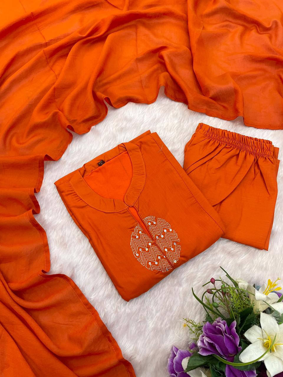 Panoply Orange Rayon Silk Embroidered Work Suit Set