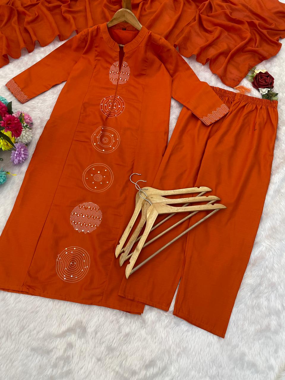 Panoply Orange Rayon Silk Embroidered Work Suit Set