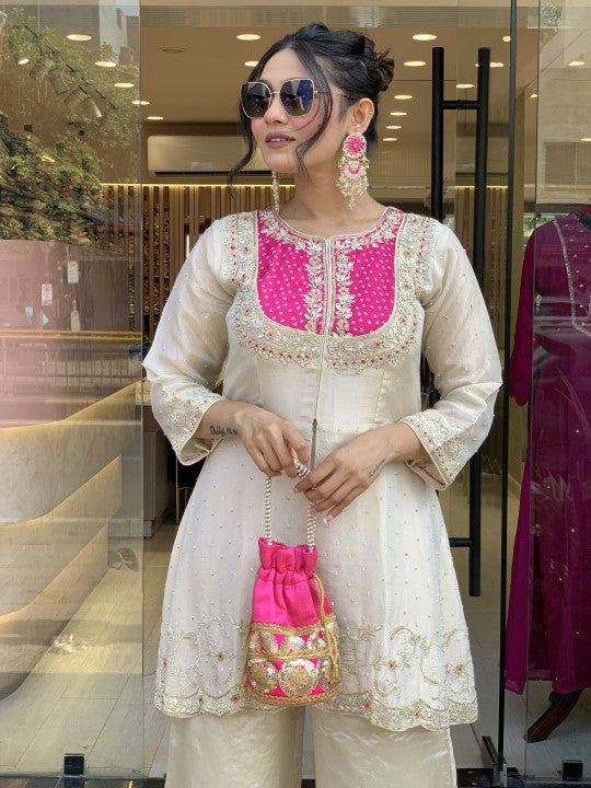 Sizzling Pink Gold Crush Embroidery Coding Sequence Work Salwar Suit