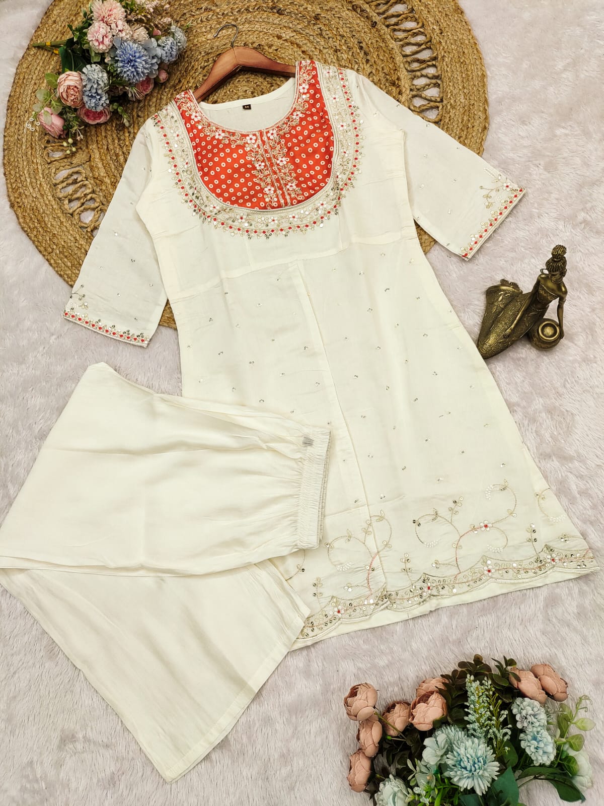 Precious Orange Gold Crush Embroidery Coding Sequence Work Salwar Suit