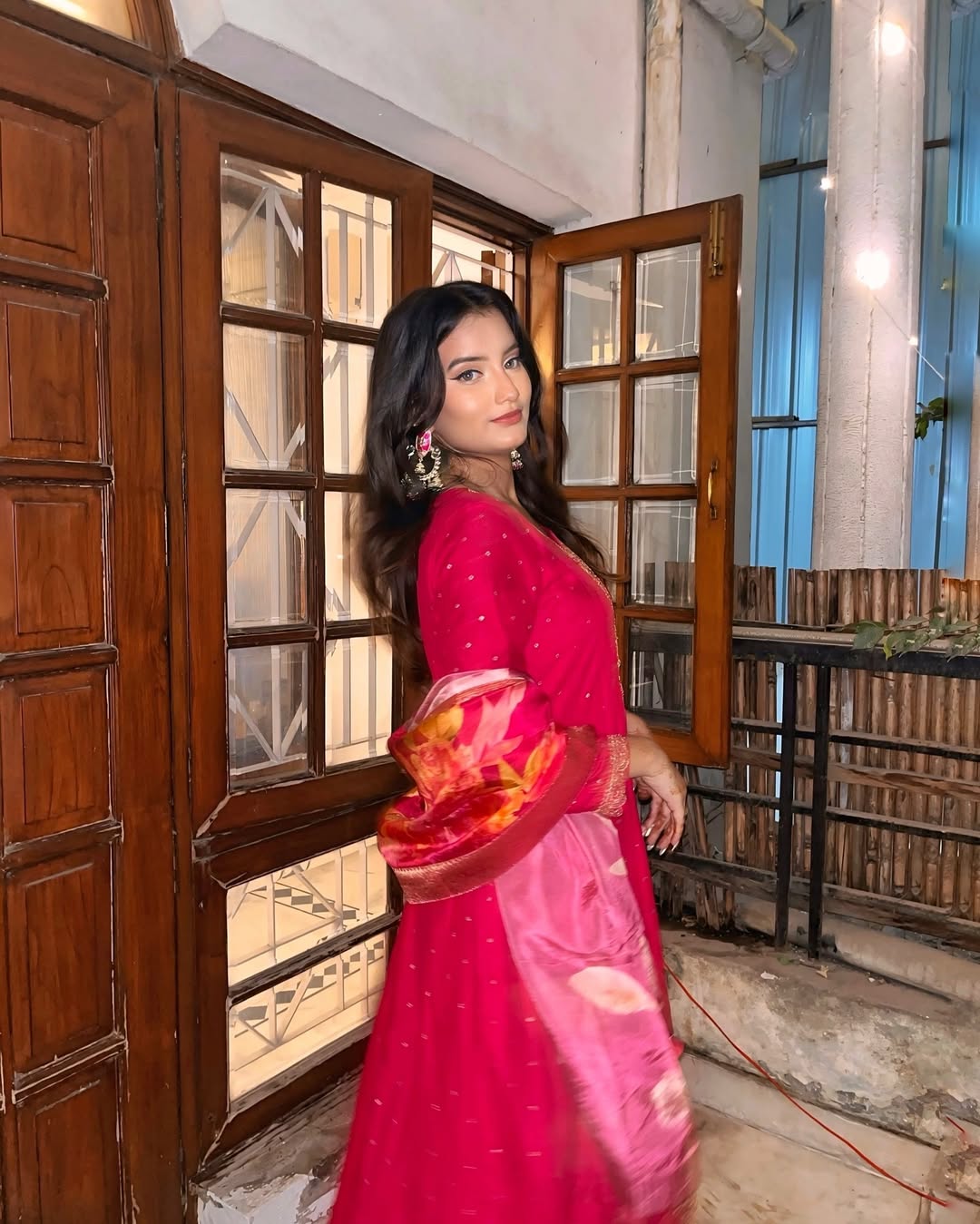 Lassitude Dark Pink Roman silk Embroidered Work Suit Set