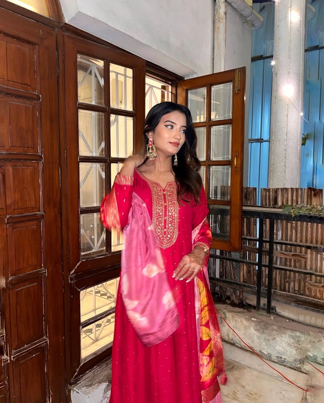 Lassitude Dark Pink Roman silk Embroidered Work Suit Set