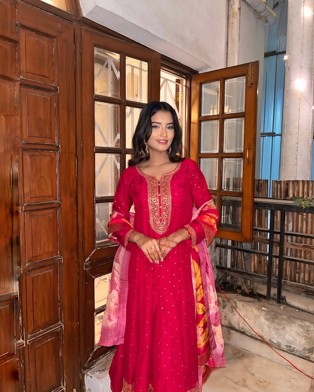 Lassitude Dark Pink Roman silk Embroidered Work Suit Set