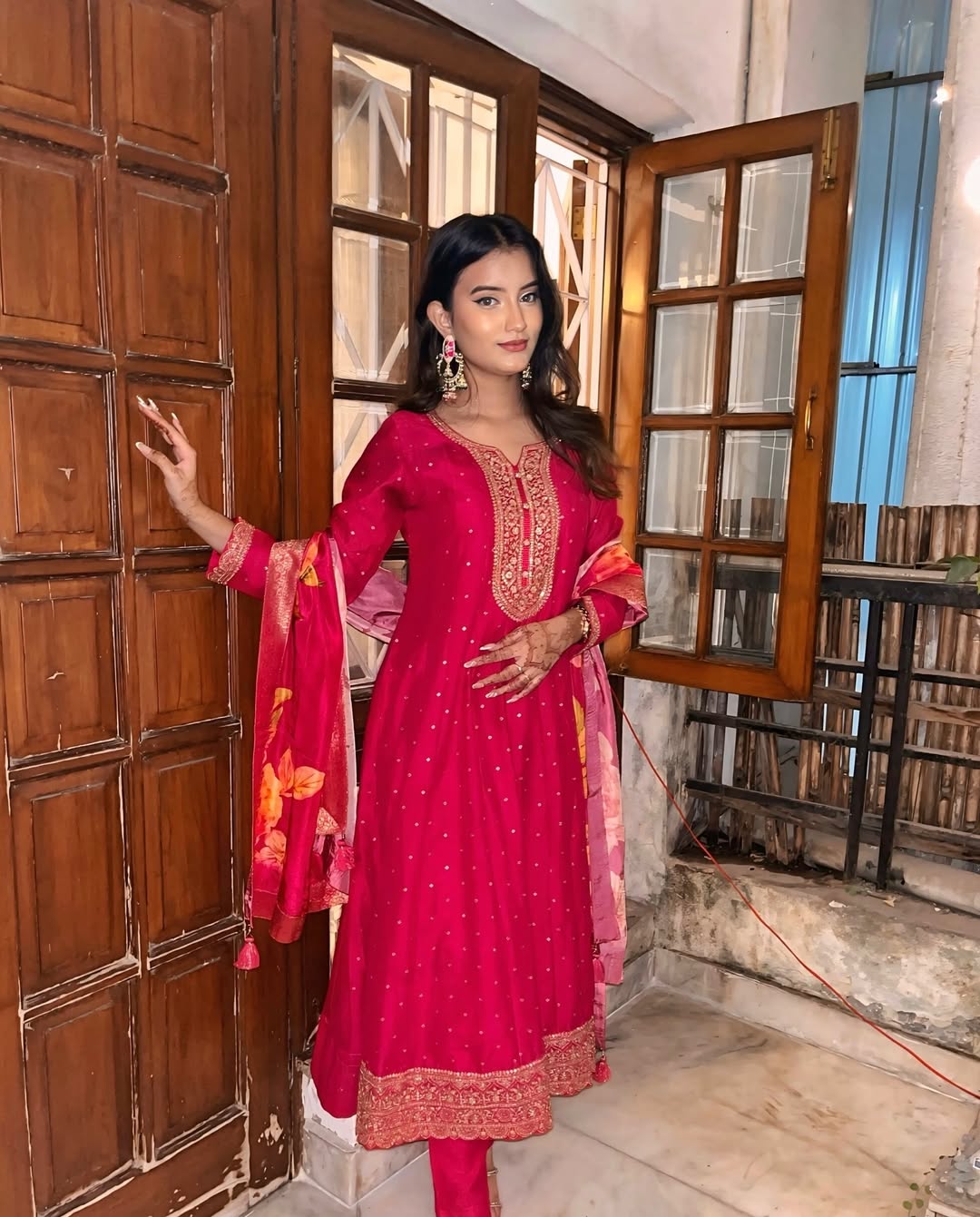 Lassitude Dark Pink Roman silk Embroidered Work Suit Set