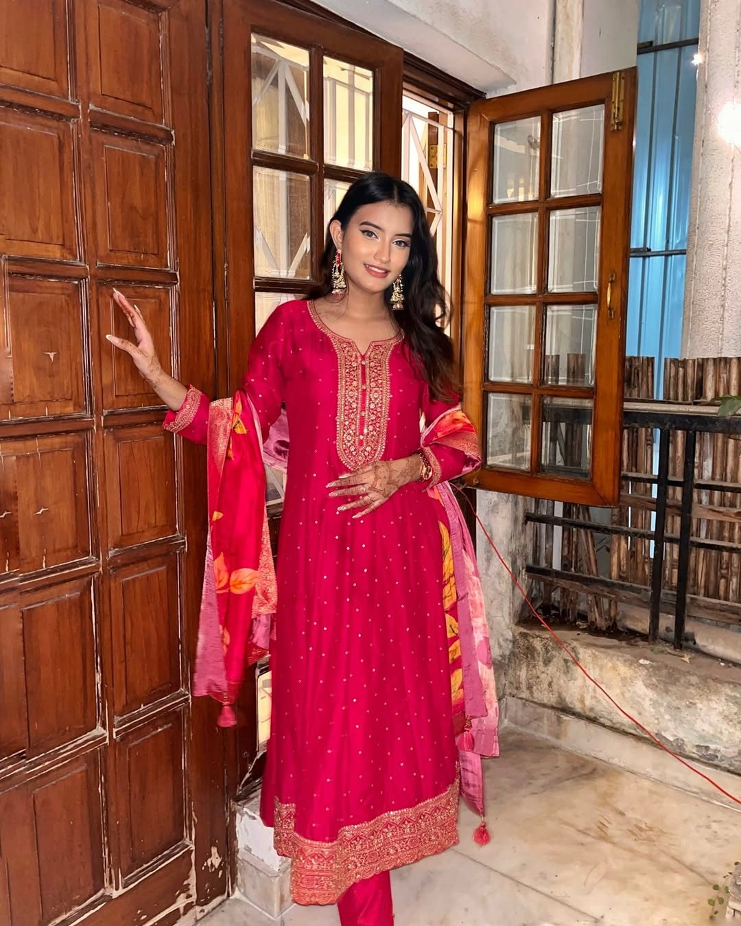 Lassitude Dark Pink Roman silk Embroidered Work Suit Set