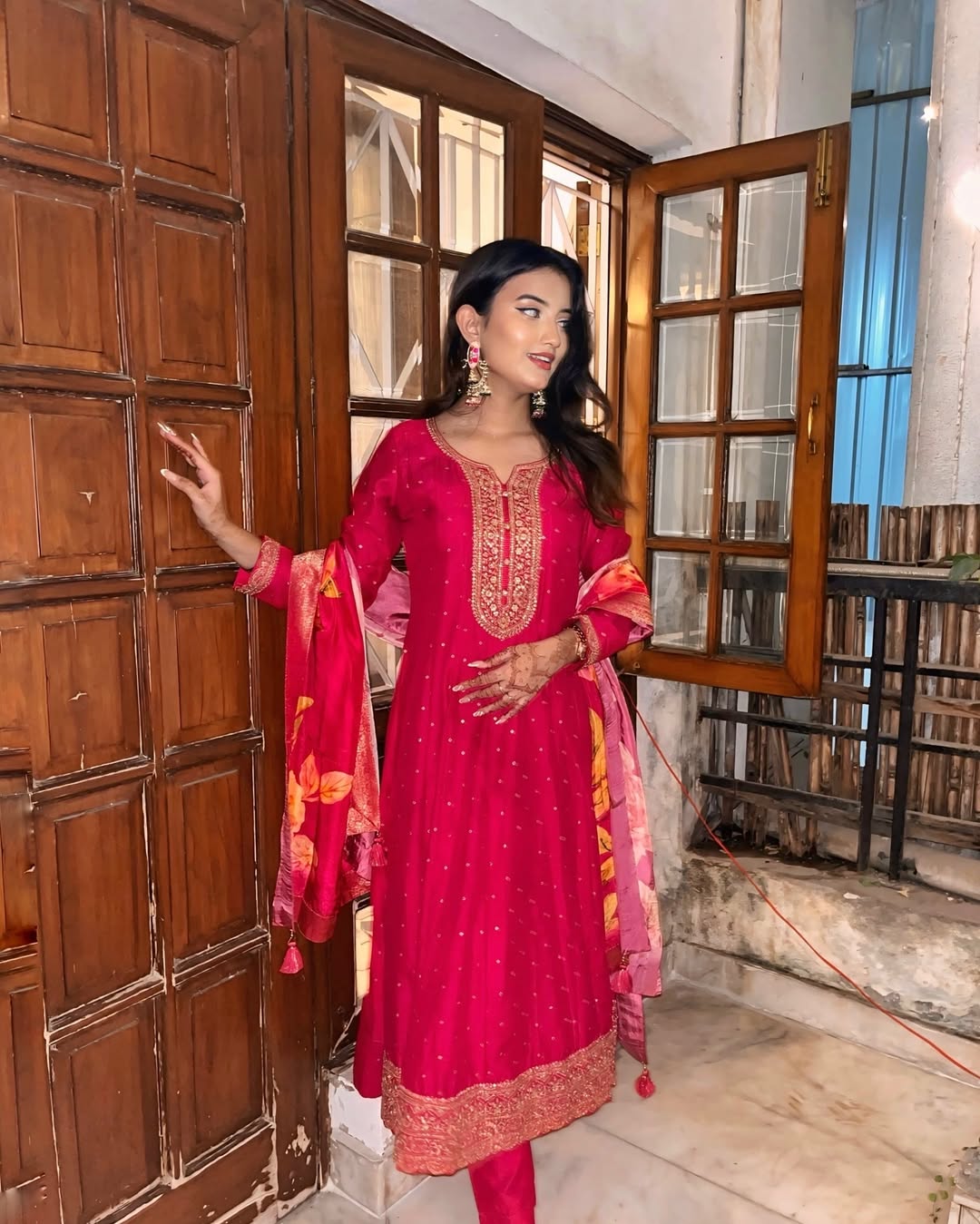 Lassitude Dark Pink Roman silk Embroidered Work Suit Set