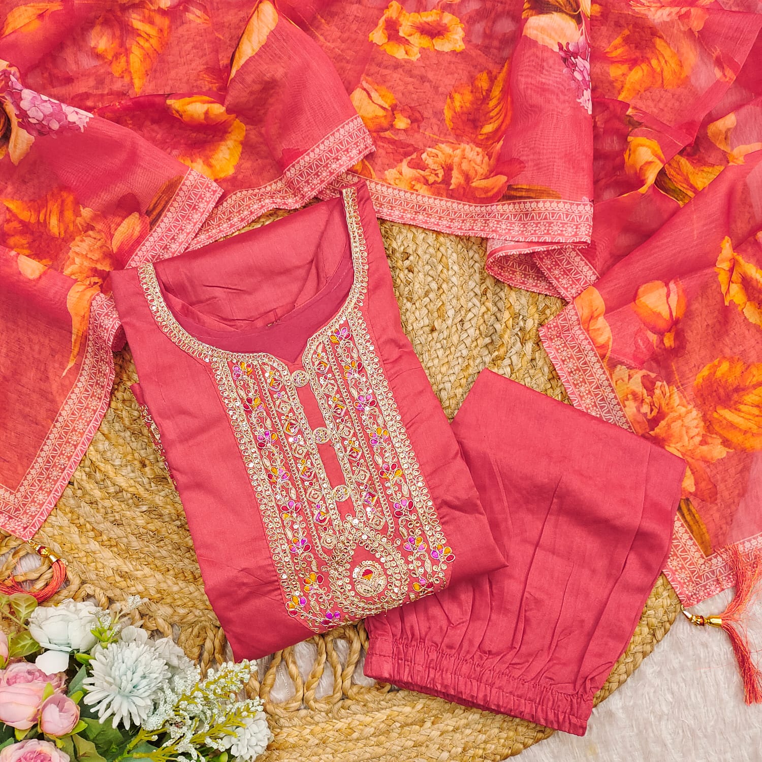 Lassitude Dark Pink Roman silk Embroidered Work Suit Set