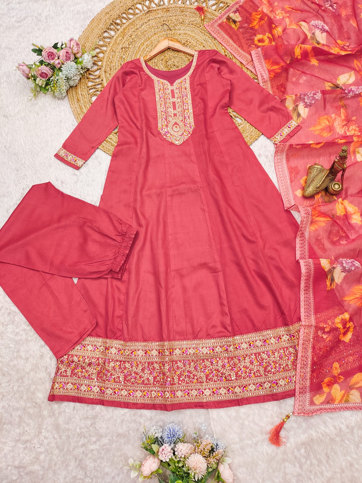 Lassitude Dark Pink Roman silk Embroidered Work Suit Set