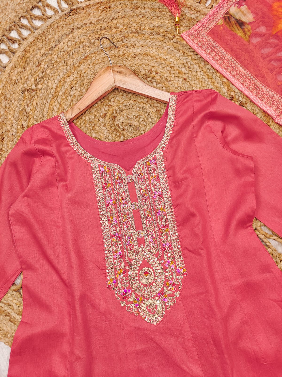 Lassitude Dark Pink Roman silk Embroidered Work Suit Set
