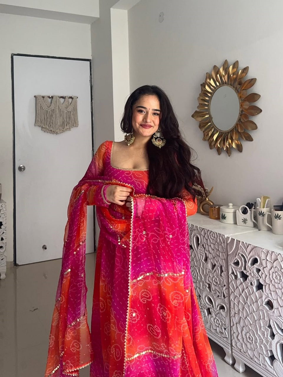 Glowing Pink & Orange Fox Georgette Bandhani Print Fancy Anarkali Suit Set