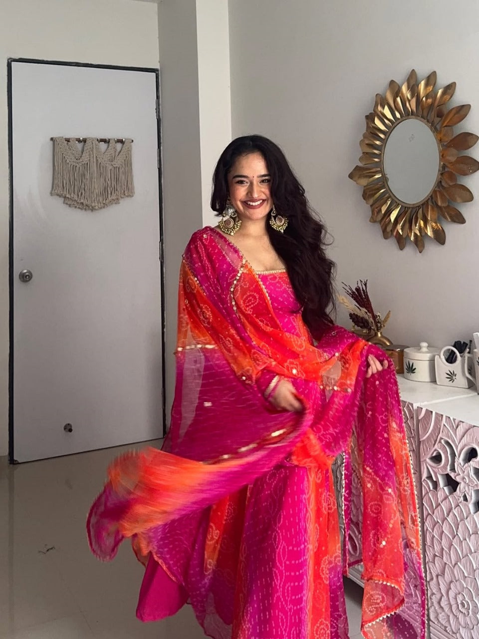 Glowing Pink & Orange Fox Georgette Bandhani Print Fancy Anarkali Suit Set