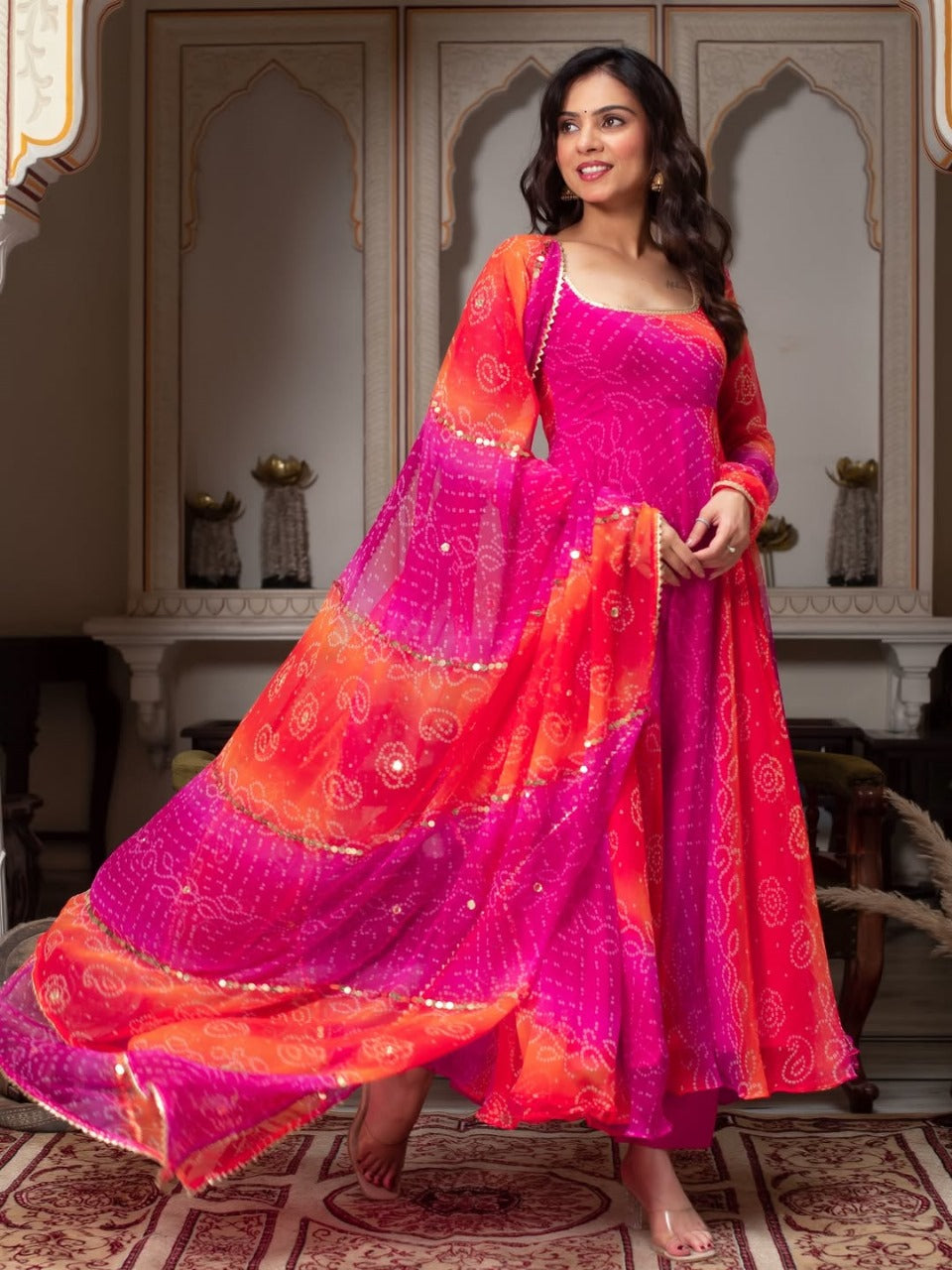 Glowing Pink & Orange Fox Georgette Bandhani Print Fancy Anarkali Suit Set