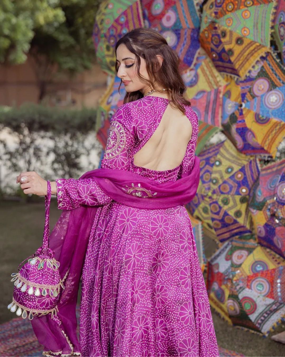 Purple Chinnon Embroidery With Bandhani Printed Anarkali Suit Set