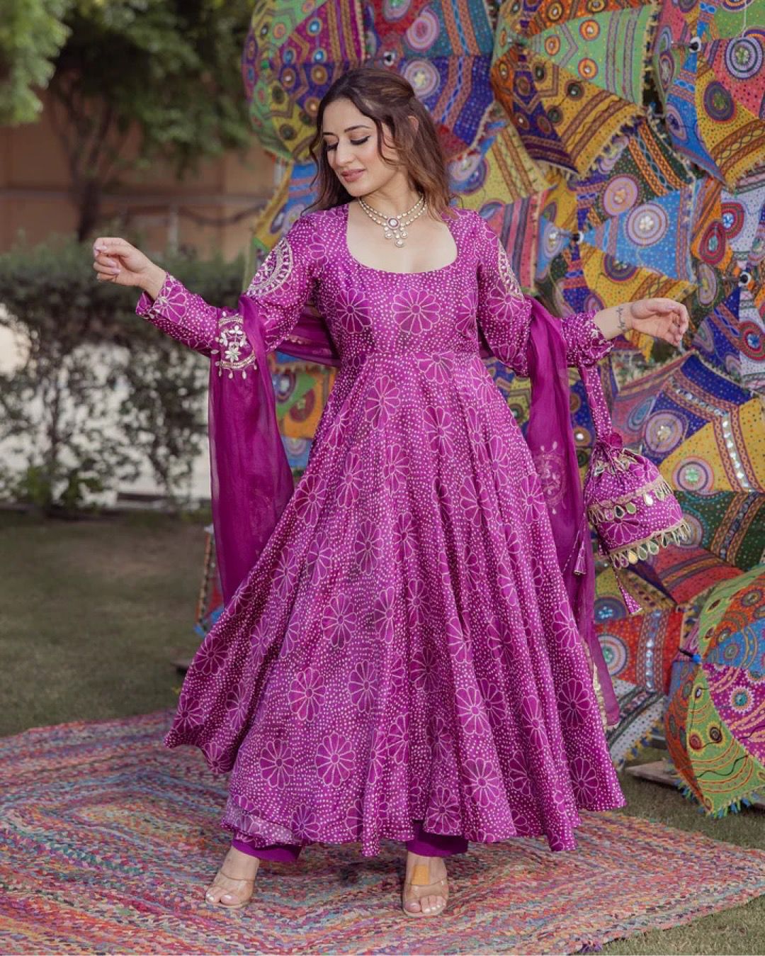 Purple Chinnon Embroidery With Bandhani Printed Anarkali Suit Set