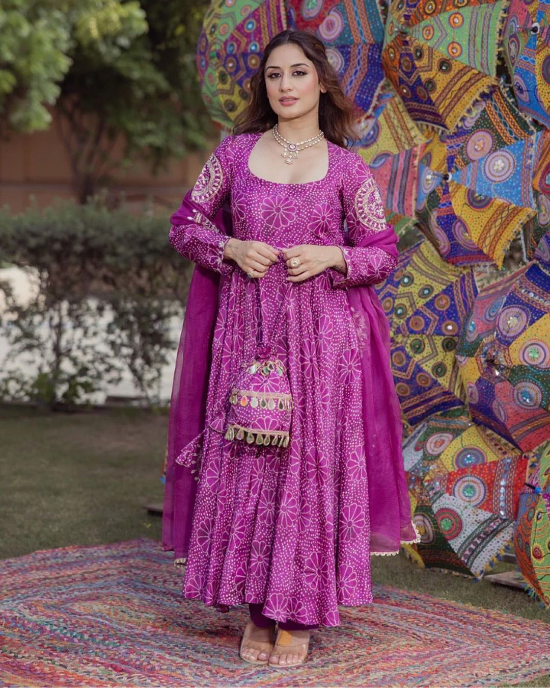 Purple Chinnon Embroidery With Bandhani Printed Anarkali Suit Set