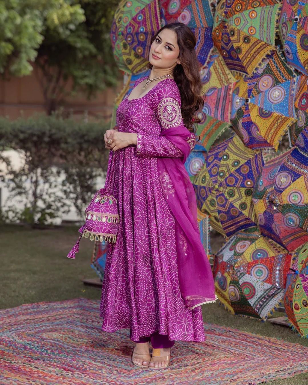 Purple Chinnon Embroidery With Bandhani Printed Anarkali Suit Set