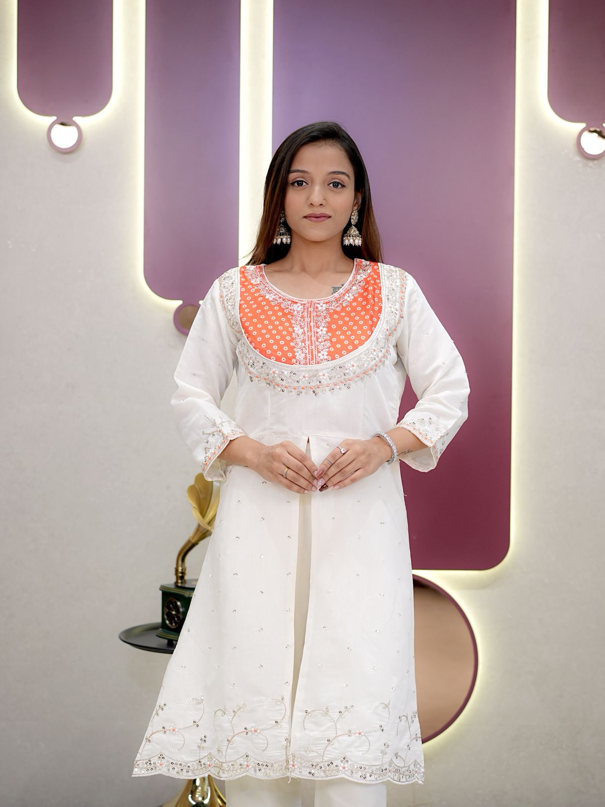 Orange Roman Silk Embroidery Coding Sequence Work Kurti Set