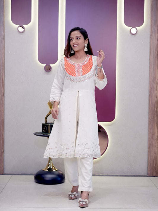 Orange Roman Silk Embroidery Coding Sequence Work Kurti Set