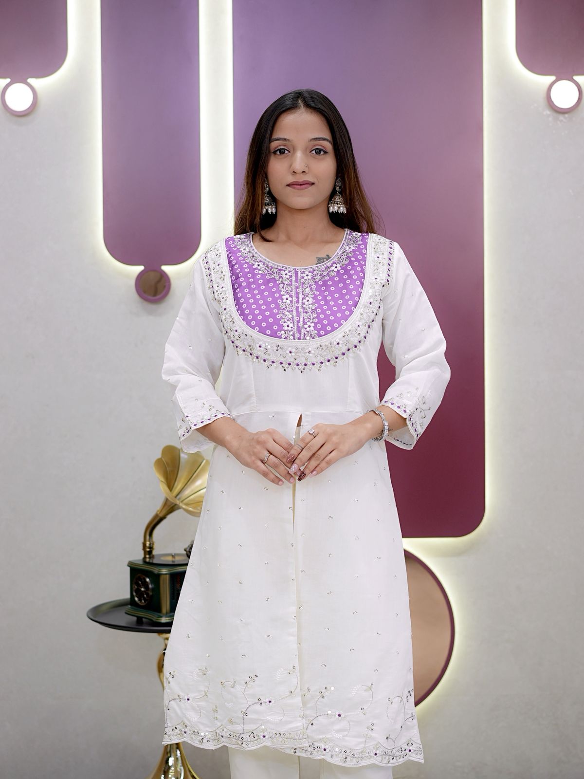 Purple Roman Silk Embroidery Coding Sequence Work Kurti Set